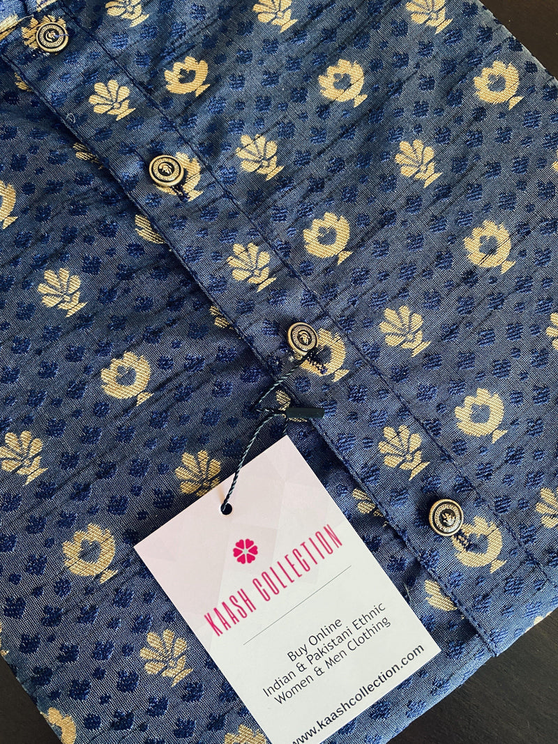 Blue Cotton Silk Kurta Pajama Set with Printed Design Pattern - Kaash