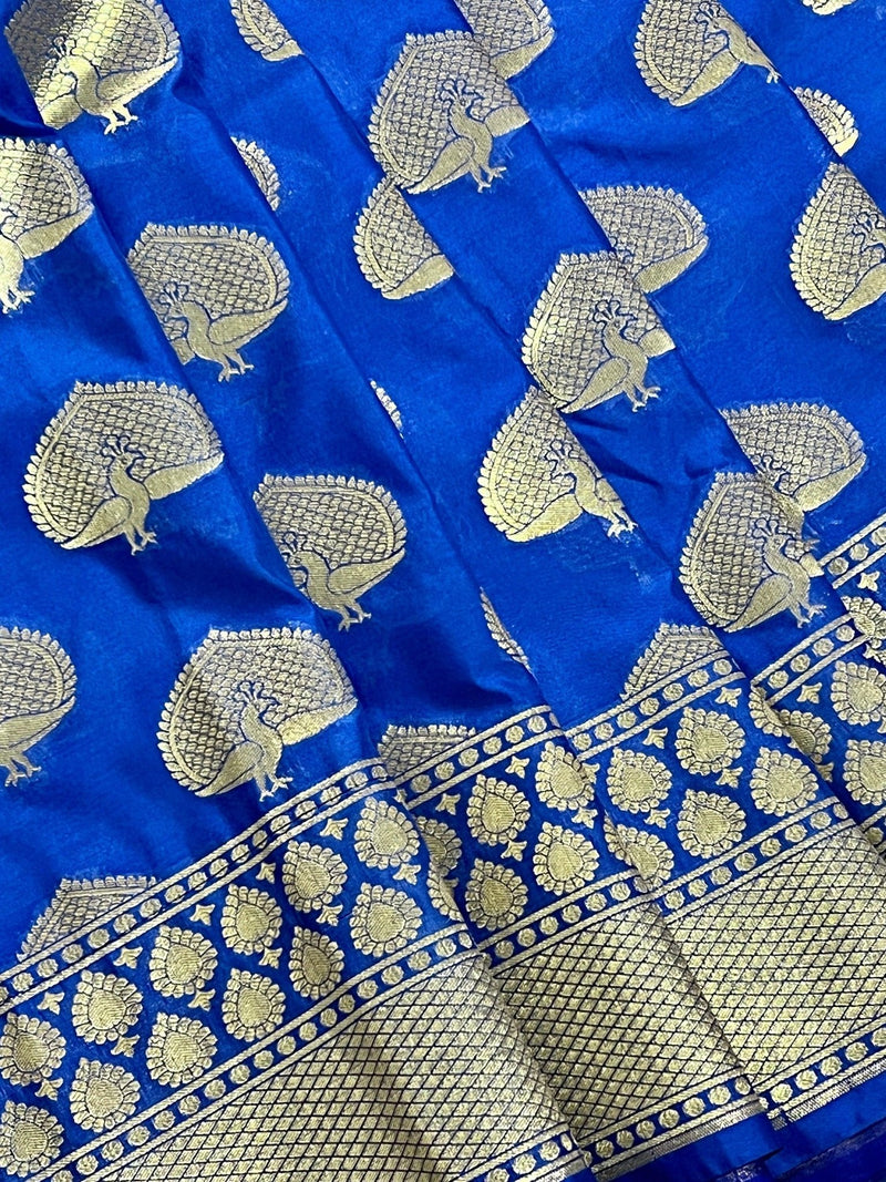Blue Semi Banarasi Silk Saree Dancing Peacock Motifs with Grand Border - Kaash