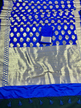 Blue Semi Banarasi Silk Saree Dancing Peacock Motifs with Grand Border - Kaash
