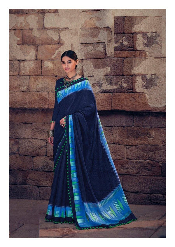 Navy Blue Cotton Silk Saree with green Pompom | Cotton Sarees | Light Weight Saree | Gift for Her | Kaash Collection - Kaash Collection