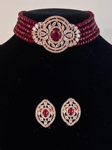 Bollywood Style Ruby Wine Color and Rose Gold Polish with CZ Necklace Earrings Choker Set in High Quality Beads and American Diamond - Kaash