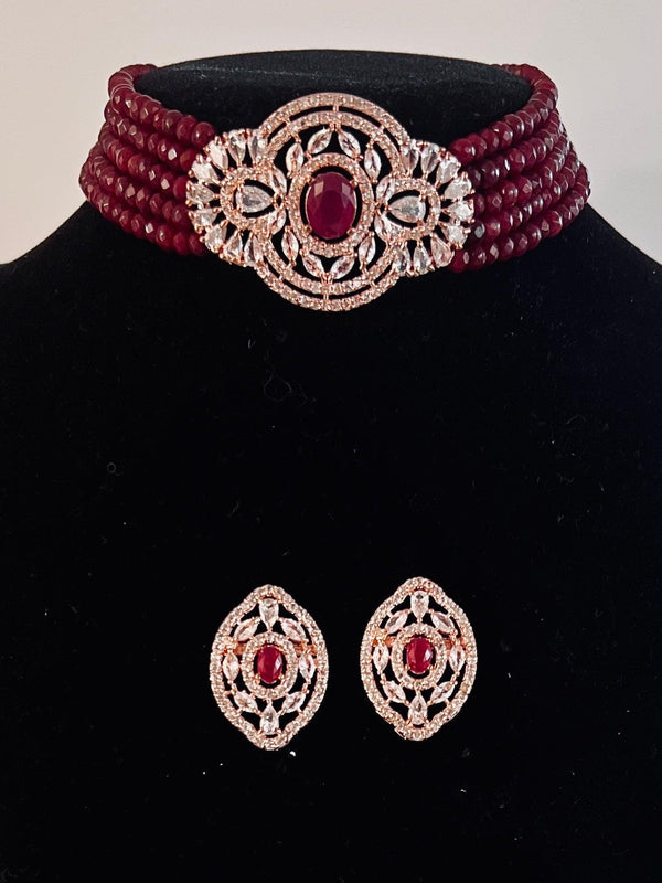 Bollywood Style Ruby Wine Color and Rose Gold Polish with CZ Necklace Earrings Choker Set in High Quality Beads and American Diamond - Kaash