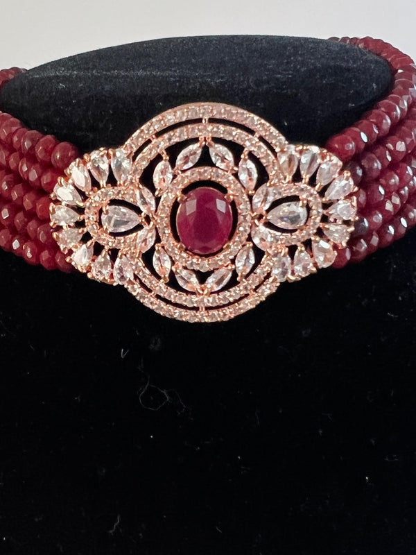 Bollywood Style Ruby Wine Color and Rose Gold Polish with CZ Necklace Earrings Choker Set in High Quality Beads and American Diamond - Kaash