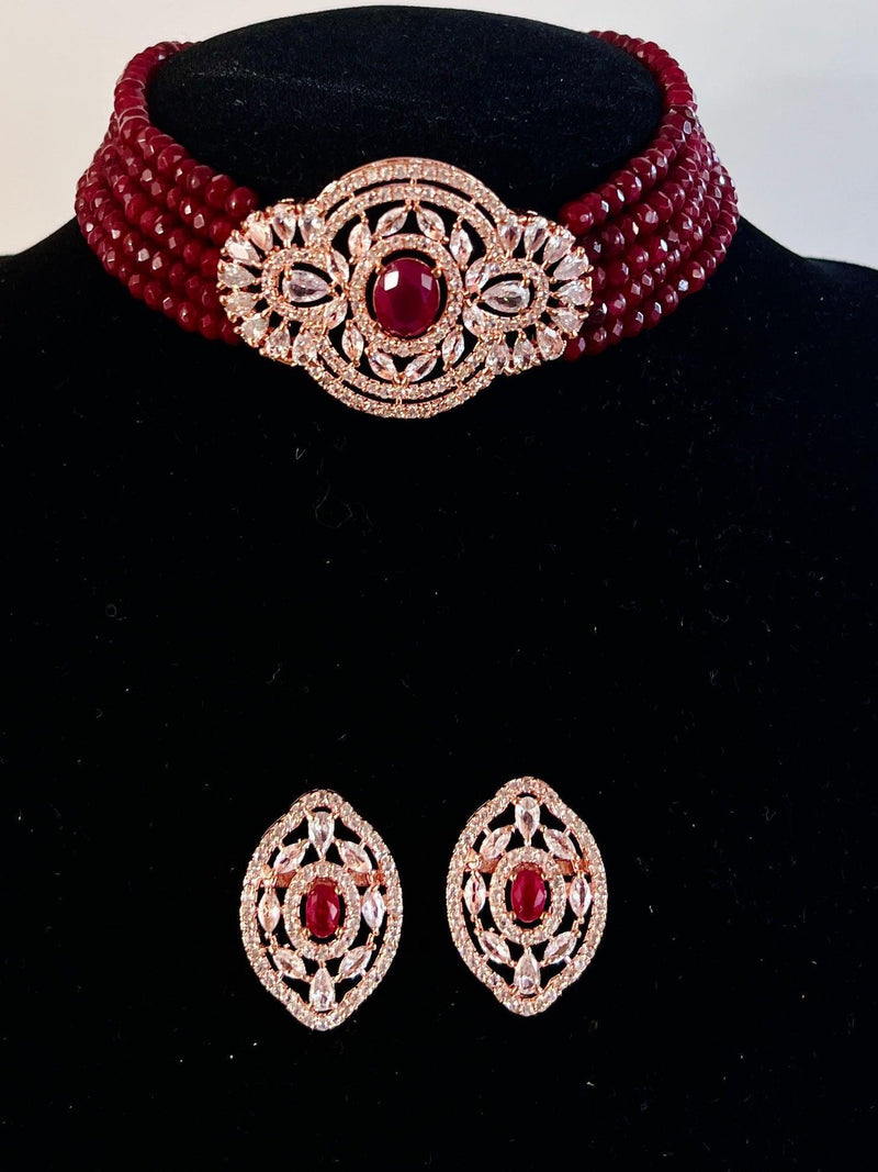 Bollywood Style Ruby Wine Color and Rose Gold Polish with CZ Necklace Earrings Choker Set in High Quality Beads and American Diamond - Kaash