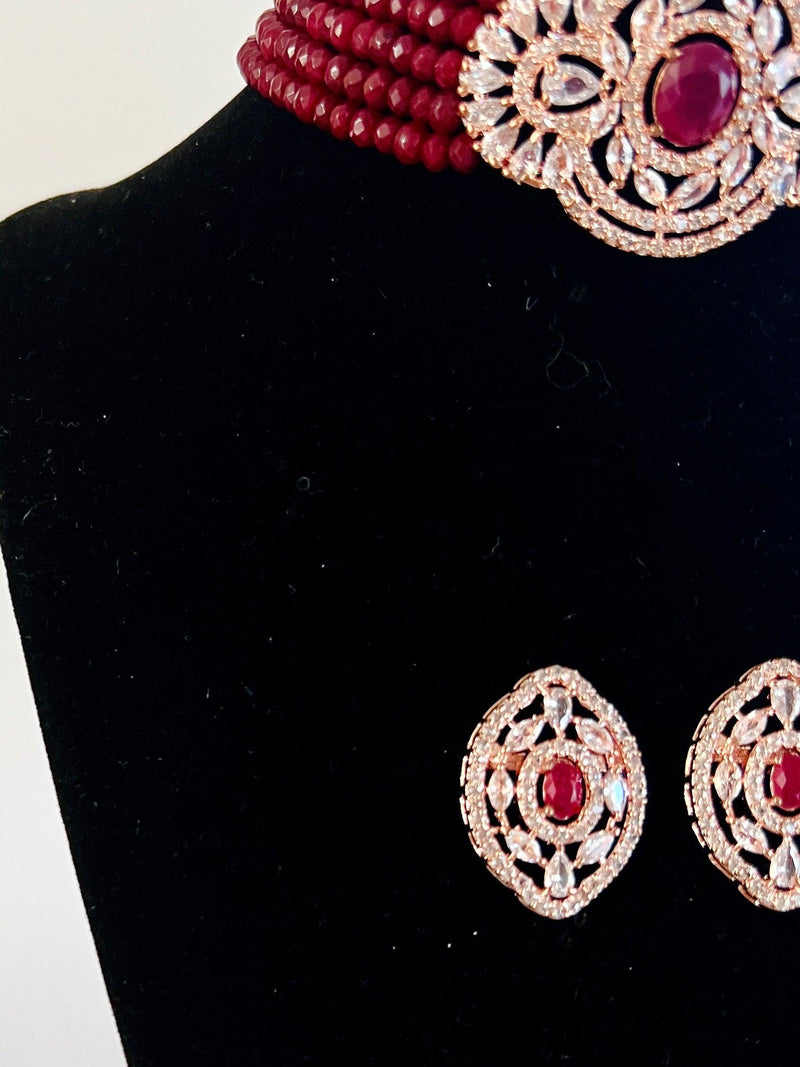 Bollywood Style Ruby Wine Color and Rose Gold Polish with CZ Necklace Earrings Choker Set in High Quality Beads and American Diamond - Kaash