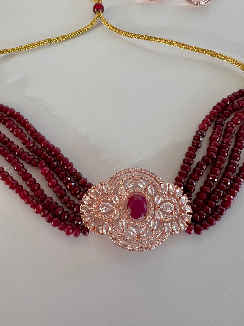 Bollywood Style Ruby Wine Color and Rose Gold Polish with CZ Necklace Earrings Choker Set in High Quality Beads and American Diamond - Kaash