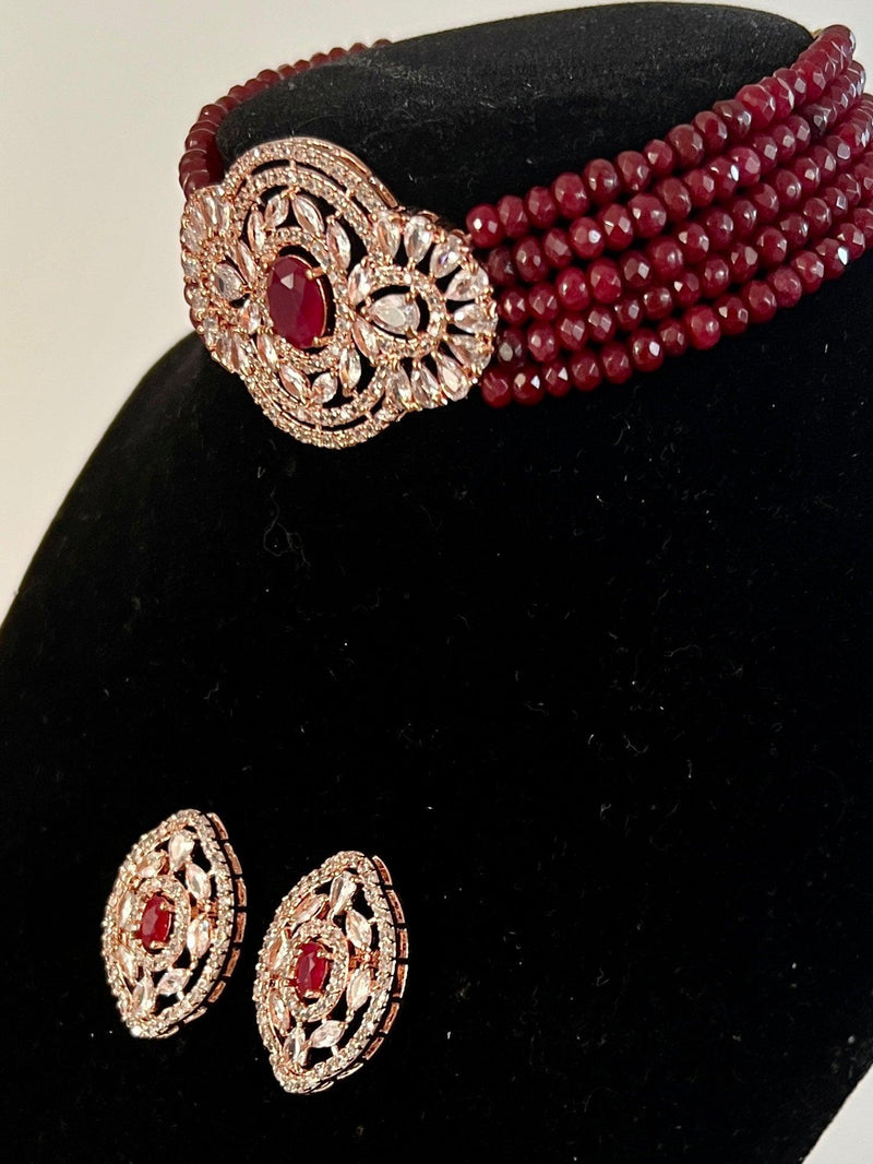 Bollywood Style Ruby Wine Color and Rose Gold Polish with CZ Necklace Earrings Choker Set in High Quality Beads and American Diamond - Kaash
