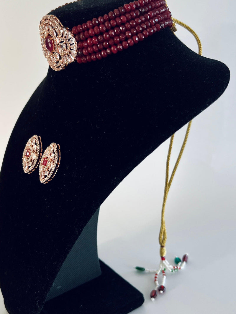 Bollywood Style Ruby Wine Color and Rose Gold Polish with CZ Necklace Earrings Choker Set in High Quality Beads and American Diamond - Kaash