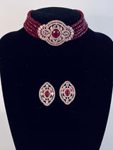 Bollywood Style Ruby Wine Color and Rose Gold Polish with CZ Necklace Earrings Choker Set in High Quality Beads and American Diamond - Kaash