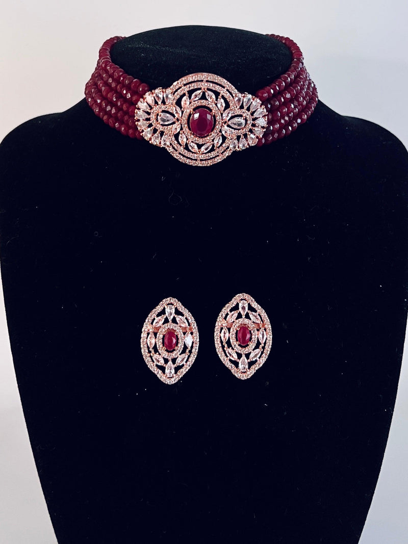 Bollywood Style Ruby Wine Color and Rose Gold Polish with CZ Necklace Earrings Choker Set in High Quality Beads and American Diamond - Kaash