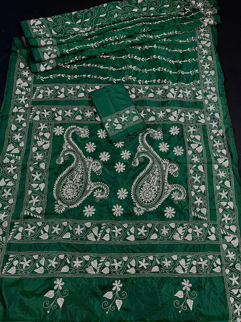 Bottle Green Bangalori Silk Saree with Hand Kantha Stitch - Kaash