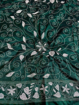 Bottle Green Bangalori Silk Saree with Hand Kantha Stitch - Kaash