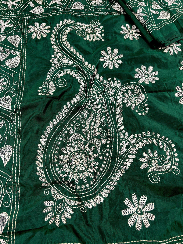 Bottle Green Bangalori Silk Saree with Hand Kantha Stitch | Handwoven Kantha Stitch Sarees | Kantha Saress | Silk Sarees | Bengal Sarees - Kaash