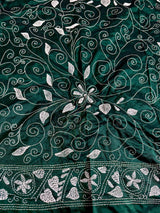 Bottle Green Bangalori Silk Saree with Hand Kantha Stitch | Handwoven Kantha Stitch Sarees | Kantha Saress | Silk Sarees | Bengal Sarees - Kaash