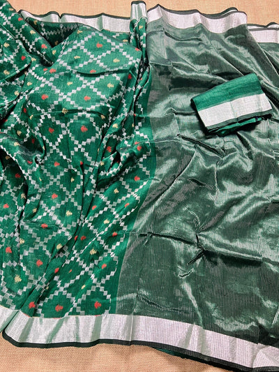 Bottle Green Linen Banarasi Patola saree in linen banarasi with patola design with silver zari weaving — Kaash Collection