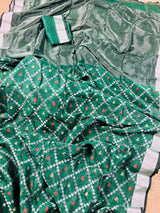 Bottle Green Linen Banarasi Patola saree in linen banarasi with patola design with silver zari weaving — Kaash Collection