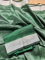 Bottle Green Linen Banarasi Patola saree in linen banarasi with patola design with silver zari weaving — Kaash Collection