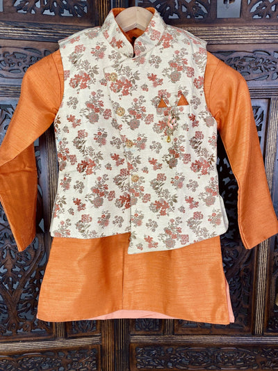 Orange & Gold Boys 3pcs Floral 3-piece kurta pajama set for boys with floral jacket 3pc set — Kaash Collection