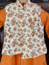 Orange & Gold Boys 3pcs Floral 3-piece kurta pajama set for boys with floral jacket 3pc set — Kaash Collection