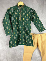 Bottle Green Boys with Ikkat Prints 2-piece kurta pajama set for boys with ikkat prints with lace neckline — Kaash Collection