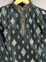 Charcoal Grey Boys with Ikkat Prints 2-piece kurta pajama set for boys with ikkat prints with lace neckline — Kaash Collection
