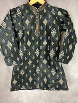 Charcoal Grey Boys with Ikkat Prints 2-piece kurta pajama set for boys with ikkat prints with lace neckline — Kaash Collection