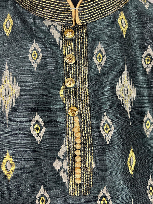 Boys Kurta Pajama Set in Charcoal Grey Color with Ikkat Prints | Raw Silk material with Cotton Lining | Kurta Pajama for Boys | Indian Wear - Kaash