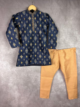 Boys Kurta Pajama Set in Dark Blue Color with Ikkat Prints - Kaash