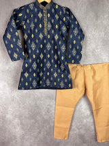 Boys Kurta Pajama Set in Dark Blue Color with Ikkat Prints - Kaash