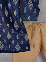 Boys Kurta Pajama Set in Dark Blue Color with Ikkat Prints - Kaash