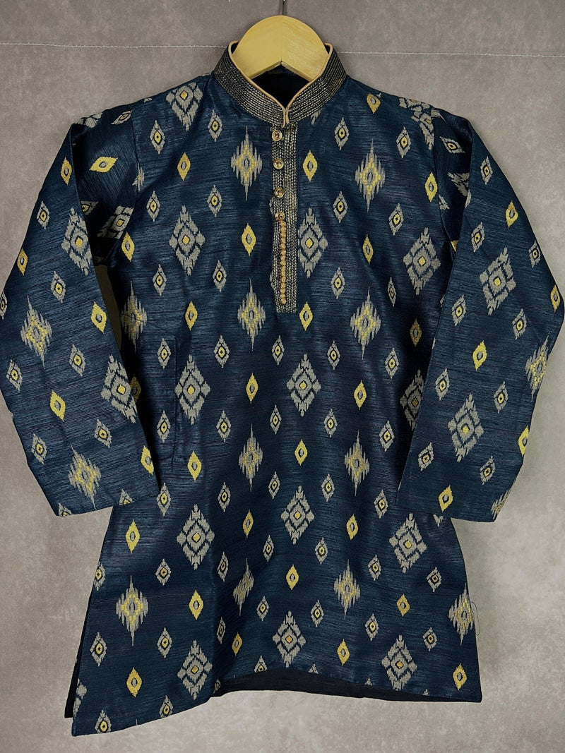 Boys Kurta Pajama Set in Dark Blue Color with Ikkat Prints - Kaash