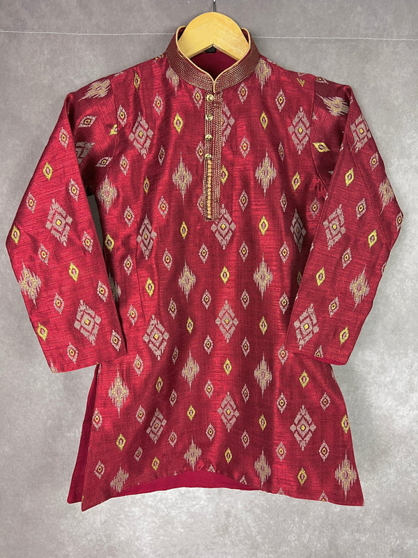 Boys Kurta Pajama Set in Maroon Color with Ikkat Prints | Raw Silk material with Cotton Lining | Kurta Pajama for Boys | Indian Kids Wear - Kaash