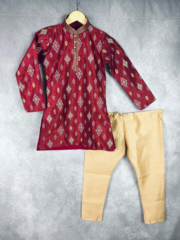 Boys Kurta Pajama Set in Maroon Color with Ikkat Prints | Raw Silk material with Cotton Lining | Kurta Pajama for Boys | Indian Kids Wear - Kaash