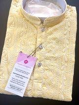 Light Yellow Boys Georgette Chikankari 2-piece kurta pajama set for boys with lucknowi chikankari with paisley — Kaash Collection