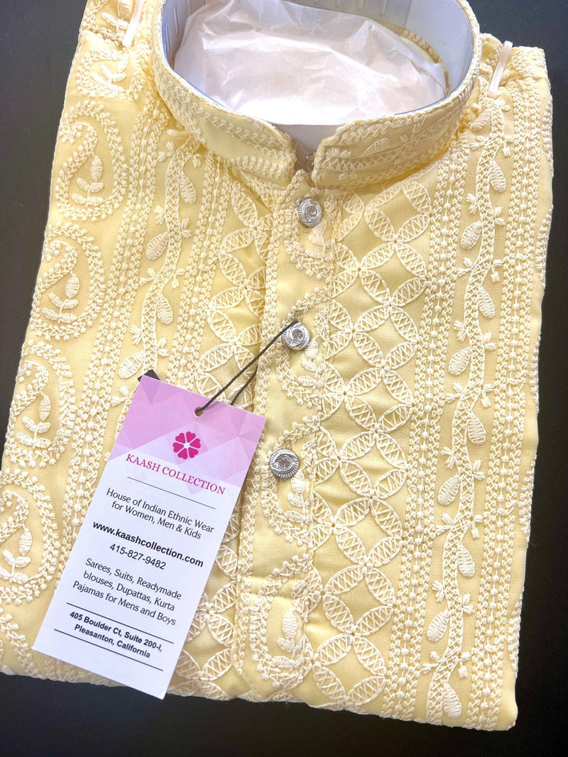 Light Yellow Boys Georgette Chikankari 2-piece kurta pajama set for boys with lucknowi chikankari with paisley — Kaash Collection