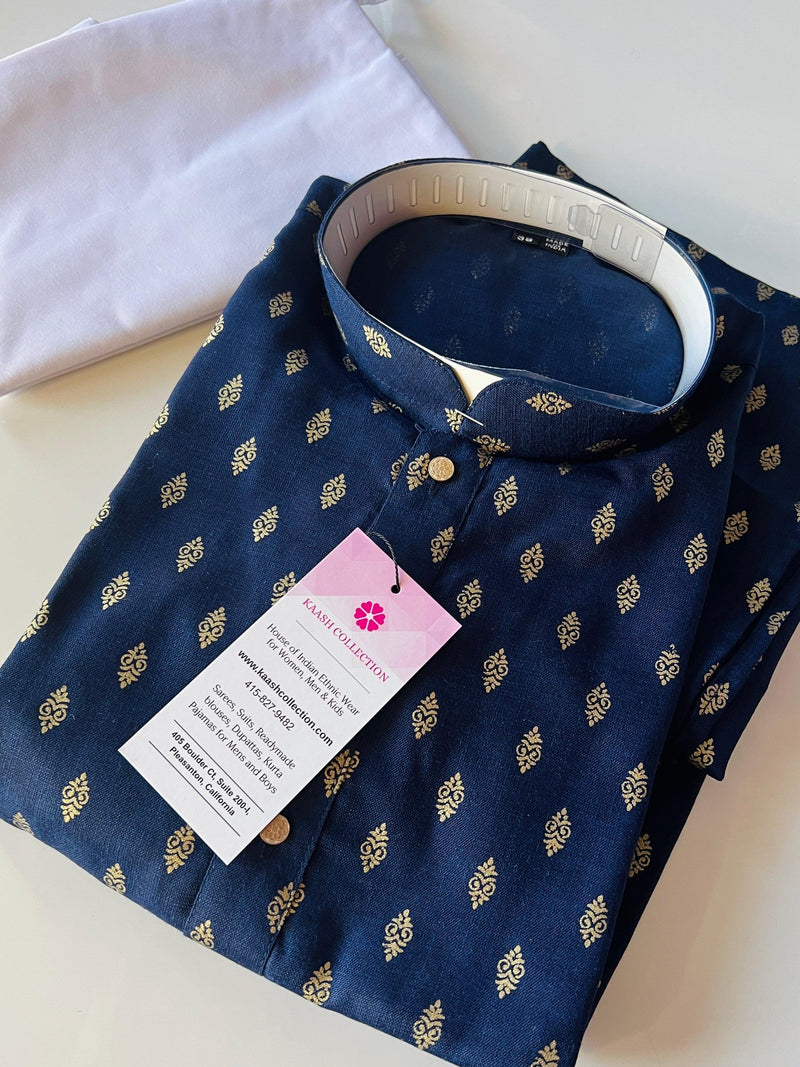 Boys Midnight Blue Color Premium Pure Cotton Kurta Pajama Set with small Self design Butti | Cotton Kids Kurtas | Father Son Kurta Set - Kaash