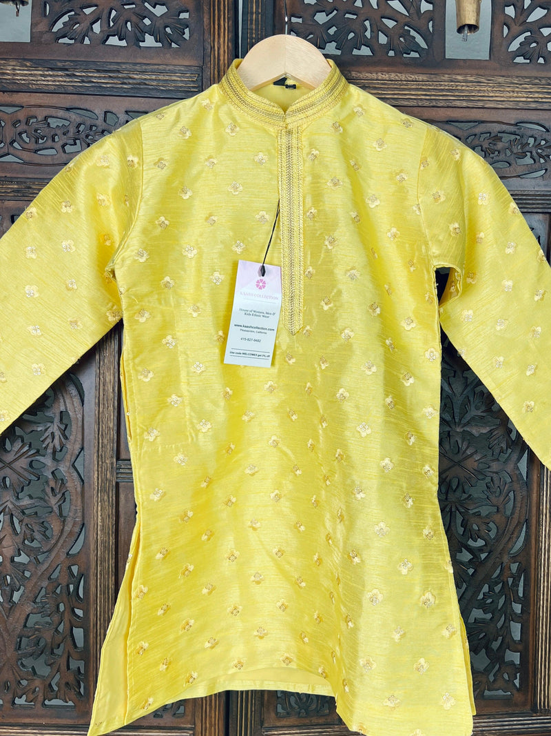 Boys Raw Silk Lime Color Kurta Pajama Set with Embroidery and Sequence Work | Kids Festive Wear | Kids Wear | Boys Ethnic Wear | Kids Wear - Kaash