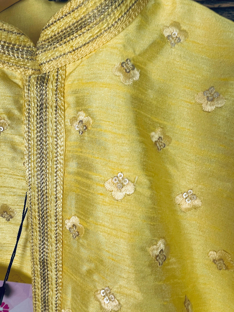 Boys Raw Silk Lime Color Kurta Pajama Set with Embroidery and Sequence Work | Kids Festive Wear | Kids Wear | Boys Ethnic Wear | Kids Wear - Kaash