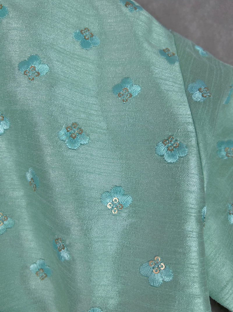 Boys Raw Silk Sea Green Kurta Pajama Set with Embroidery and Sequence Work | Kids Festive Wear | Kids Wear | Boys Ethnic Wear | Kids Wear - Kaash