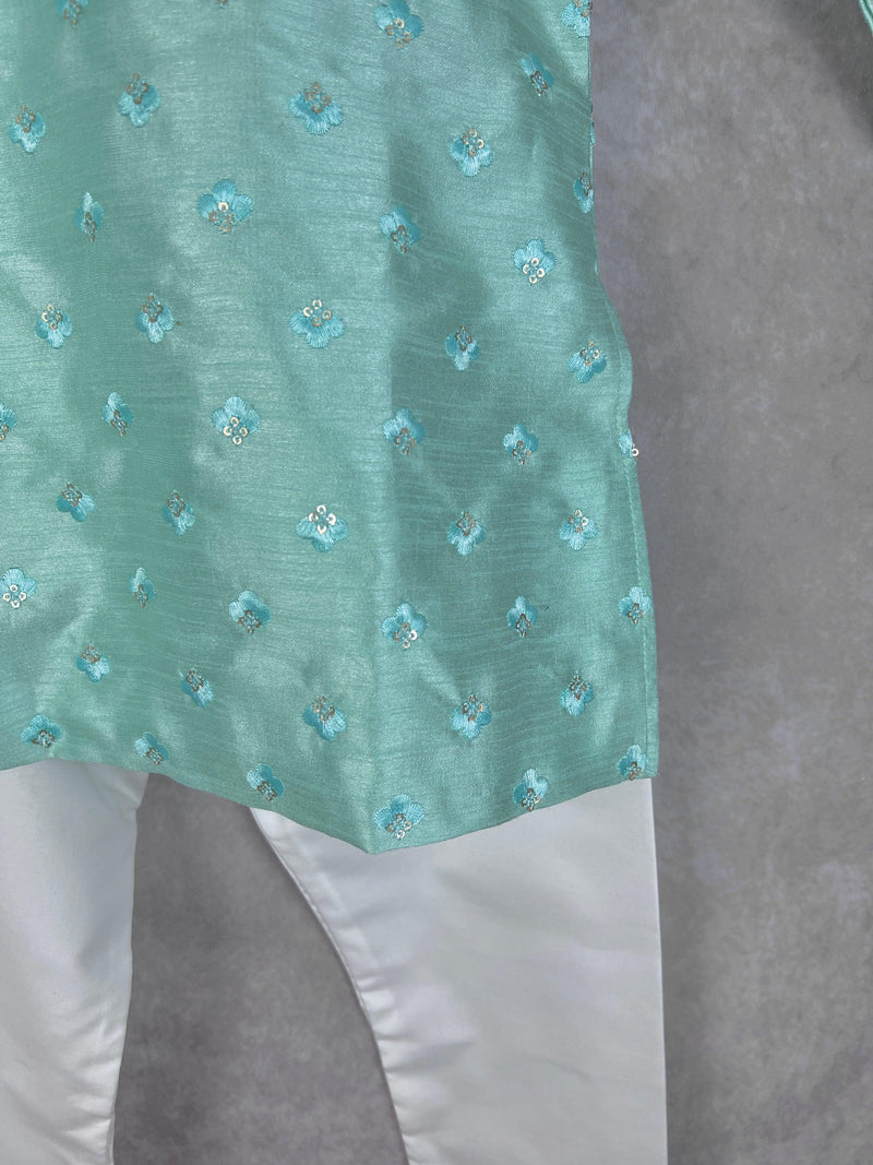Boys Raw Silk Sea Green Kurta Pajama Set with Embroidery and Sequence Work | Kids Festive Wear | Kids Wear | Boys Ethnic Wear | Kids Wear - Kaash