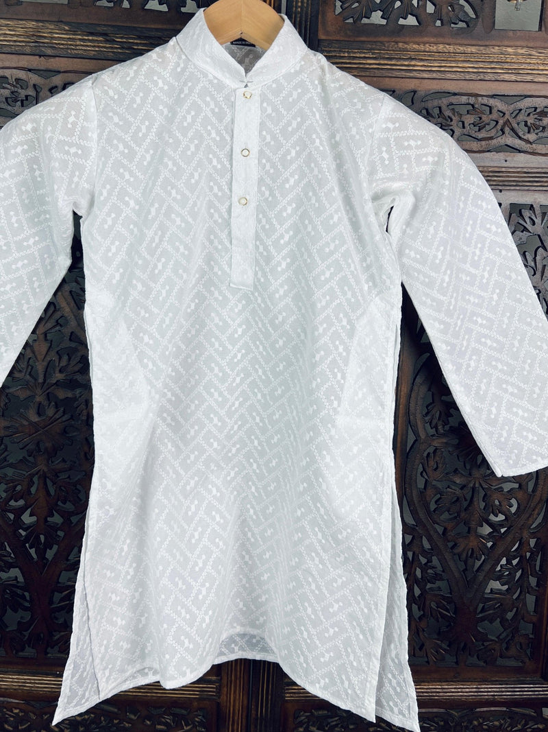 White Boys Pure Cotton Chikankari 2-piece kurta pajama set for boys with lucknowi chikankari on pure cotton — Kaash Collection