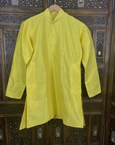 Bright Lemon Yellow men's short kurta in raw silk with short kurta (no pajama) — Kaash Collection