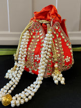 Bright Orangish Red Wedding Potli Bag - Kaash
