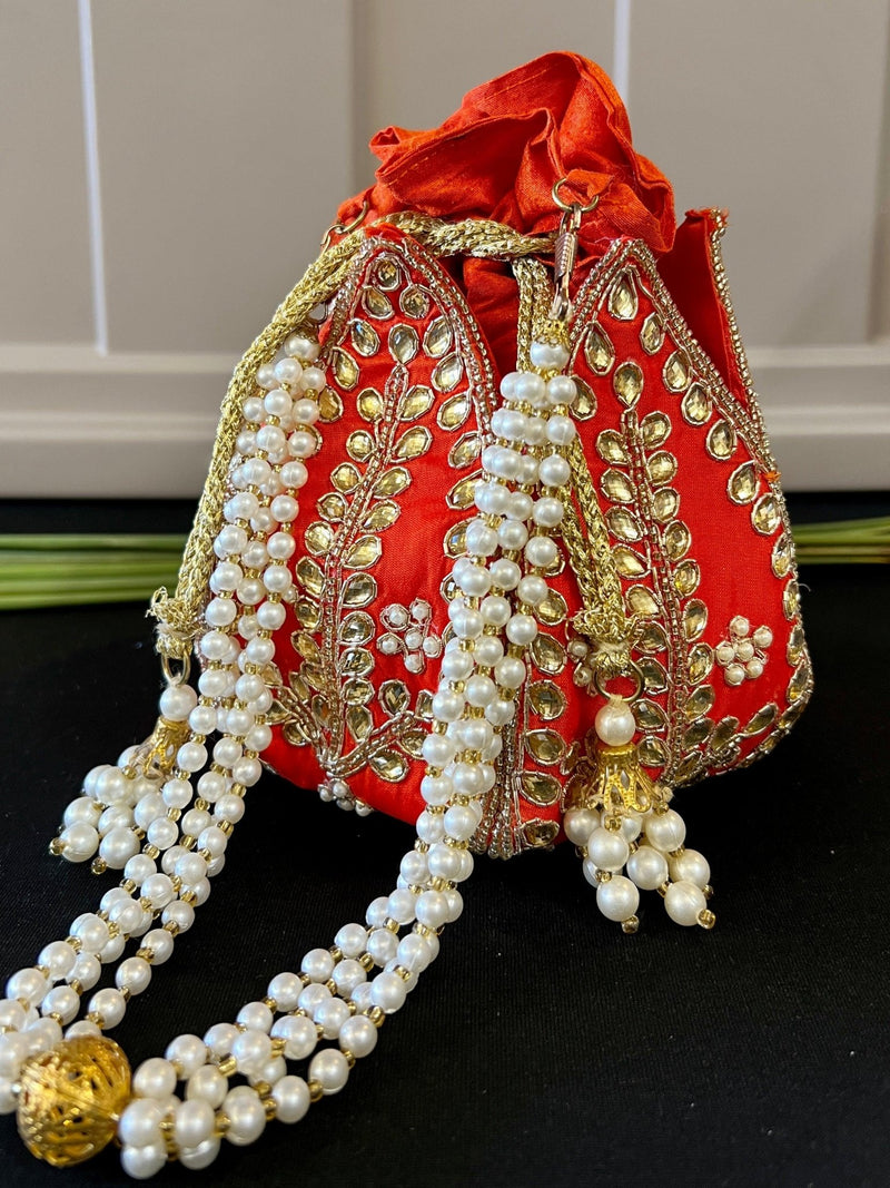 Bright Orangish Red Wedding Potli Bag - Kaash
