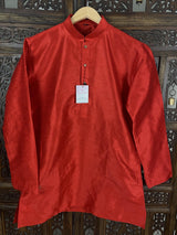Bright Red men's short kurta in raw silk with short kurta (no pajama) — Kaash Collection