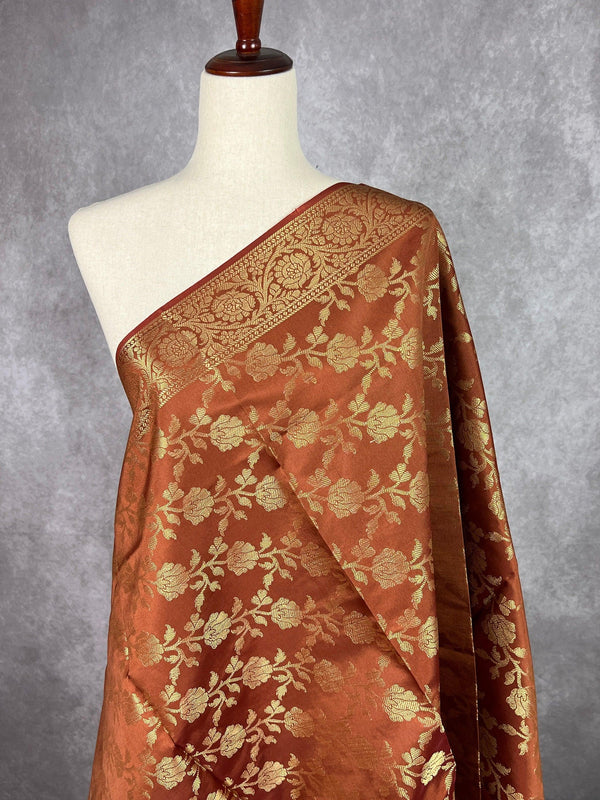 Brown Color Floral Jaal Muted Gold Zari Weaved Dupatta | Floral Silk Dupatta | Zari Work | Dupatta | Stole | Scarf | Dupattas for Gift - Kaash