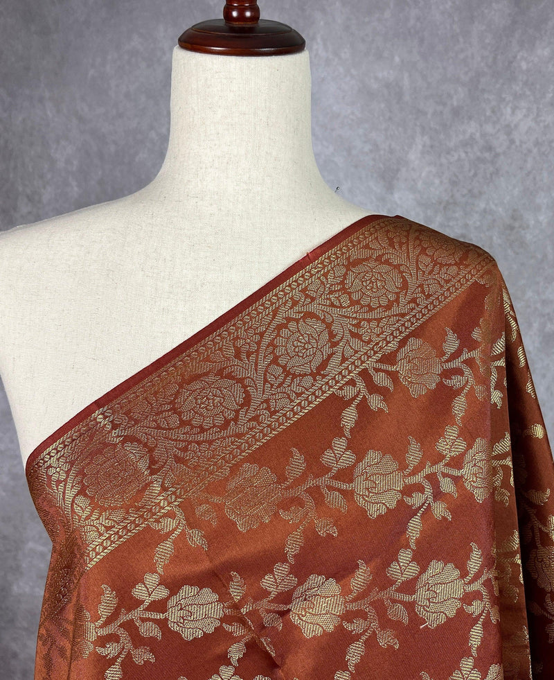 Brown Color Floral Jaal Muted Gold Zari Weaved Dupatta | Floral Silk Dupatta | Zari Work | Dupatta | Stole | Scarf | Dupattas for Gift - Kaash