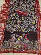 Brown color Pure Chanderi Kalamakari Printed Saree with Banarasi Borders | Kalamkari Prints | Gift For Her | Kaash Collection - Kaash