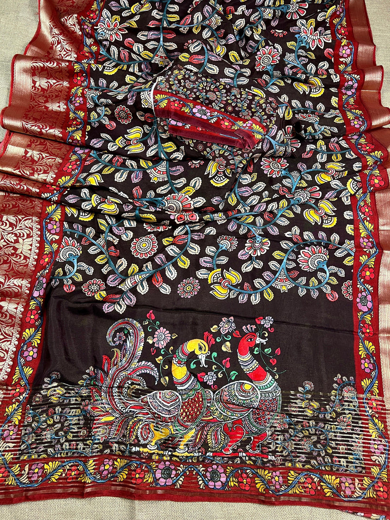 Brown color Pure Chanderi Kalamakari Printed Saree with Banarasi Borders | Kalamkari Prints | Gift For Her | Kaash Collection - Kaash