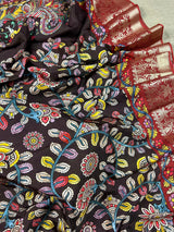 Brown color Pure Chanderi Kalamakari Printed Saree with Banarasi Borders | Kalamkari Prints | Gift For Her | Kaash Collection - Kaash